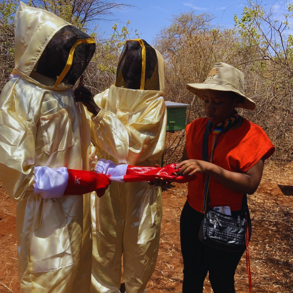 TJoreen honey in beekeeping suits during honey harveting.