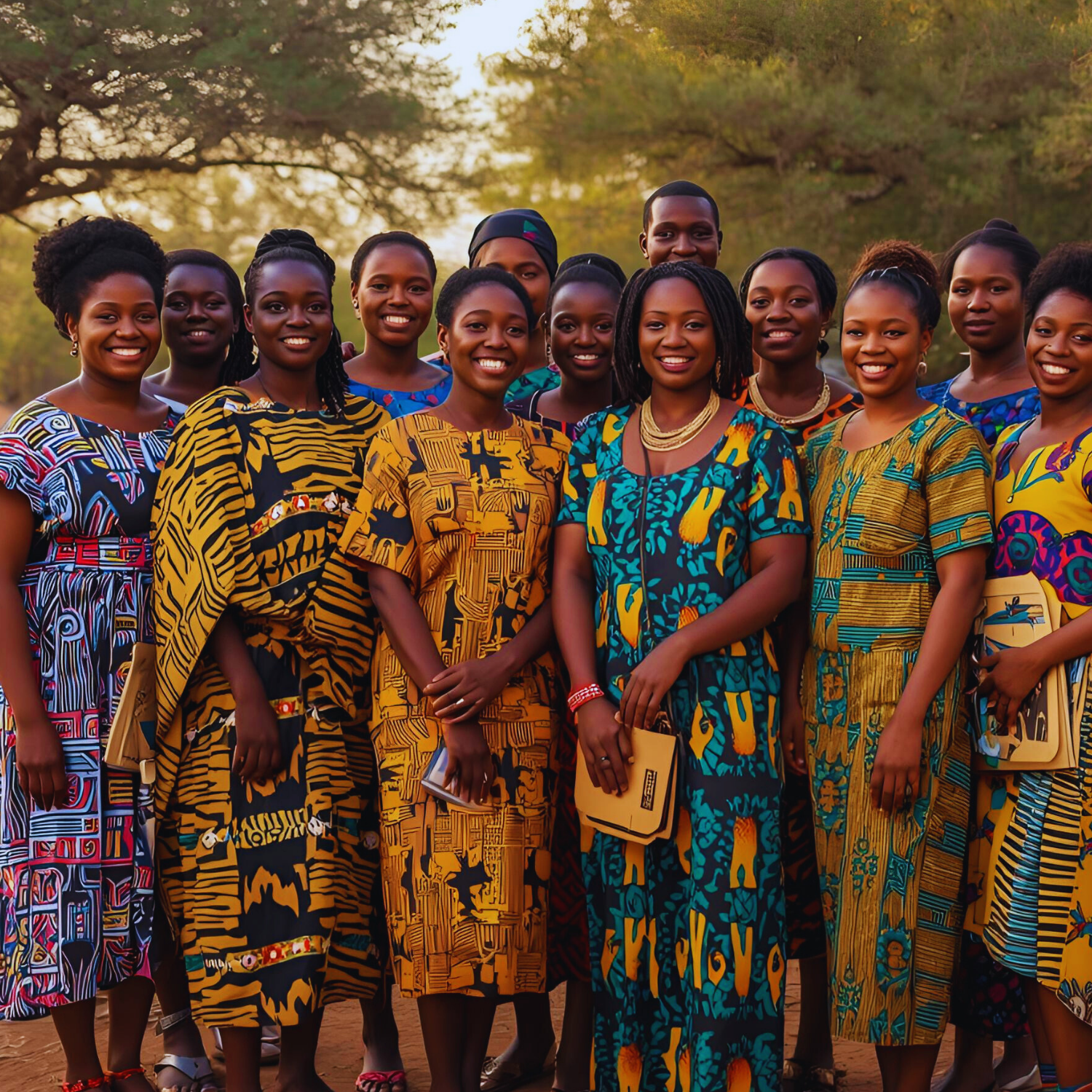 Group of women in colorful traditional attire standing outdoors with trees in the background