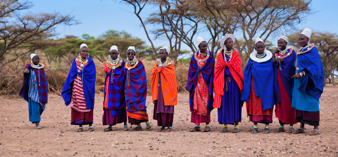 Group of women in colorful traditional clothing standing in a line outdoors with trees in the background.