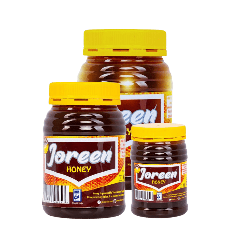 1KG,500 g & 350 g jars of Joreen raw organic honey — pure East African wild honey with rich golden color and smooth texture, ideal for daily use and wellness routines.