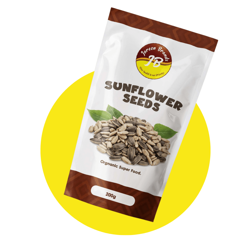 Raw sunflower seeds by Joreen Brands — unsalted, no-shell healthy snack rich in omega-6 and fiber, great for baking or salads.