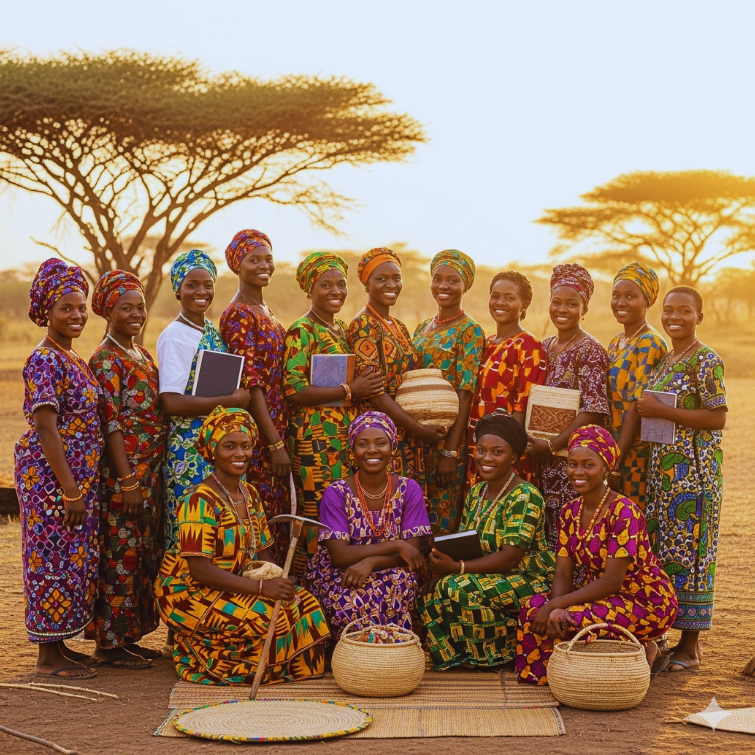 Group of women in colorful traditional attire standing outdoors with trees in the background