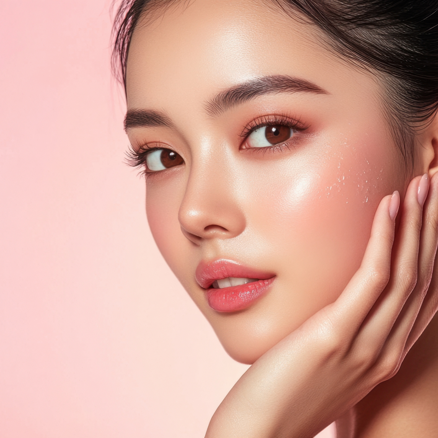 Close-up of a woman’s face with a soft pink background — representing the natural skincare and beauty benefits of Joreen Brands raw organic hone