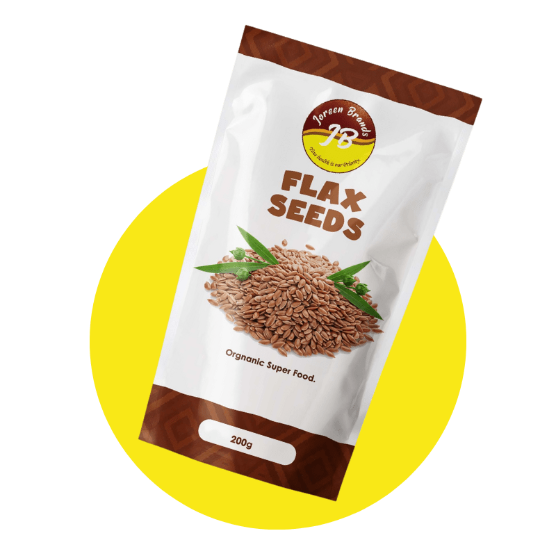 Raw flax seeds by Joreen Brands — omega-3 and fiber-rich plant-based superfood perfect for baking, smoothies, or healthy toppings.