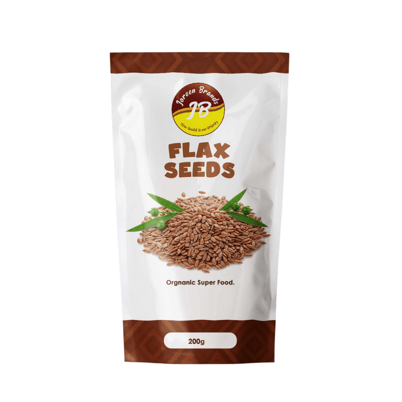 Raw flax seeds by Joreen Brands — omega-3 and fiber-rich plant-based superfood perfect for baking, smoothies, or healthy toppings.