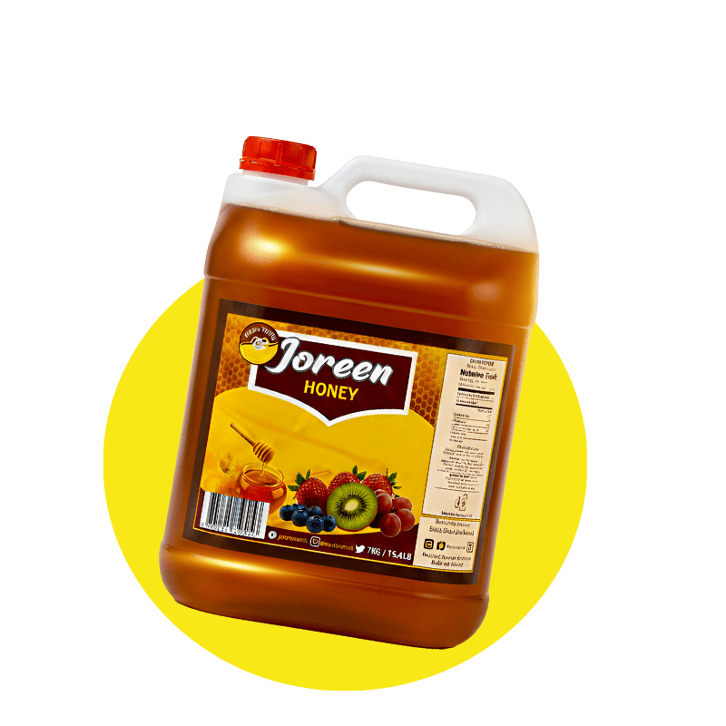 Joreen honey 7kg jar on a white background with a yellow circle around it
