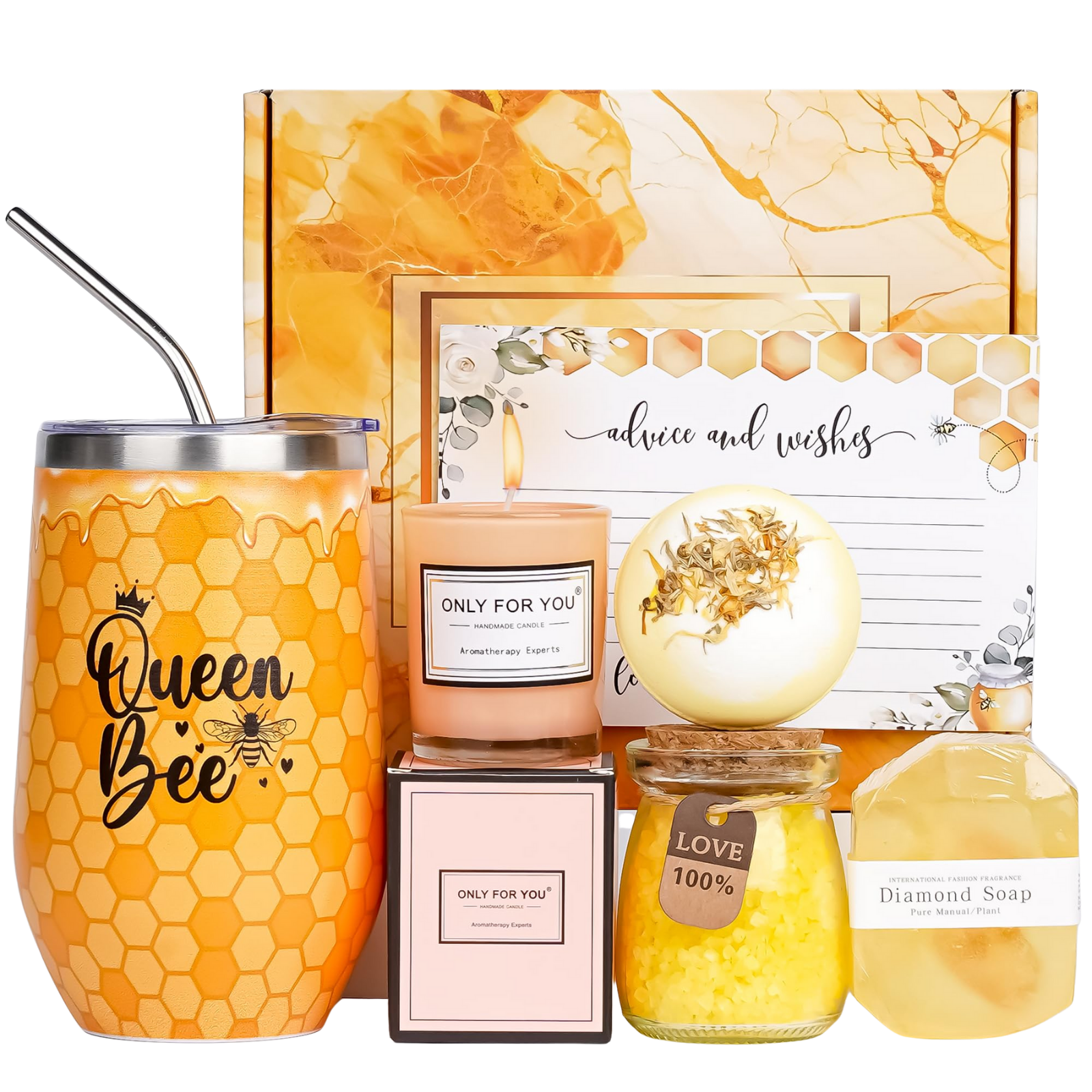 Gift set with 'Queen Bee' tumbler, soap, candle, and other items From Joreen Brands. Perfect for gifting.