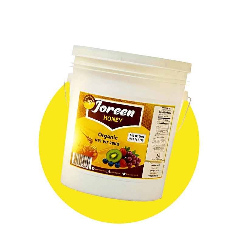 Joreen Honey 28KG container on a yellow background