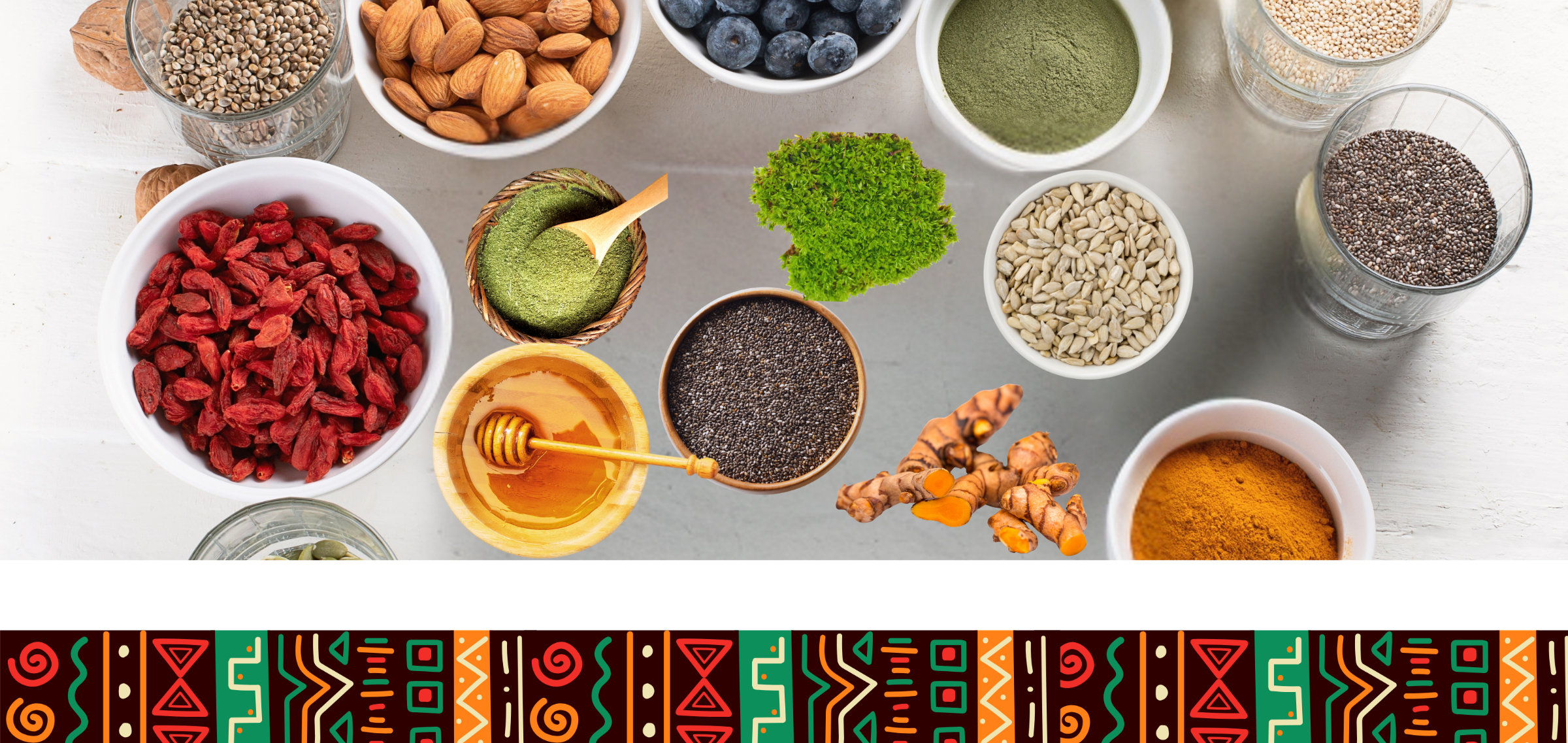Assorted health foods including turmeric, chia seeds, moringa powder, pumpkin seeds, and honey — showcasing Joreen Brands organic superfoods and natural unfiltered honey for energy, wellness, and vitality.
