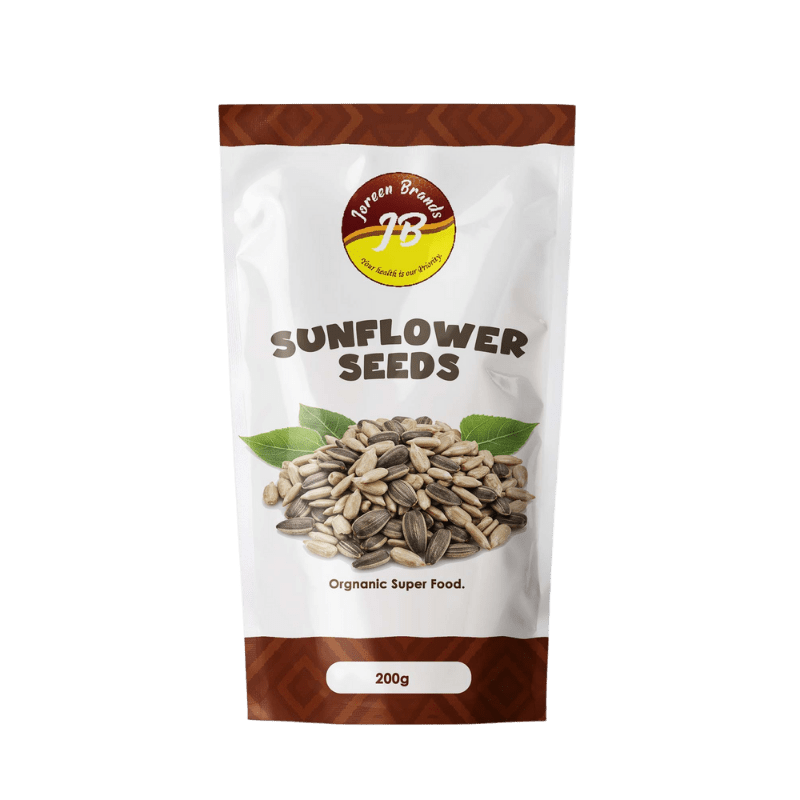 Raw sunflower seeds by Joreen Brands — unsalted, no-shell healthy snack rich in omega-6 and fiber, great for baking or salads.