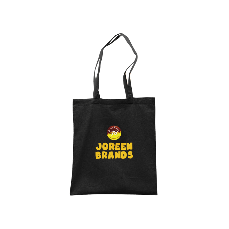 Black tote bag with Joreen Brands logo on a white background — reusable eco-friendly bag inspired by natural honey, sustainability, and African superfoods.