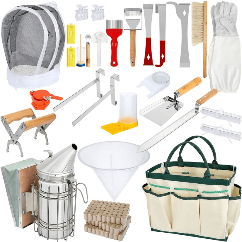 Collection of beekeeping tools including gloves, hive tools, and veil on a white background — representing Joreen Brands’ commitment to sustainable honey harvesting and natural wild honey productio