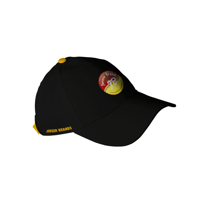 Black cap with Joreen Brands logo and text on a white background — stylish branded merchandise inspired by natural honey and sustainable living.