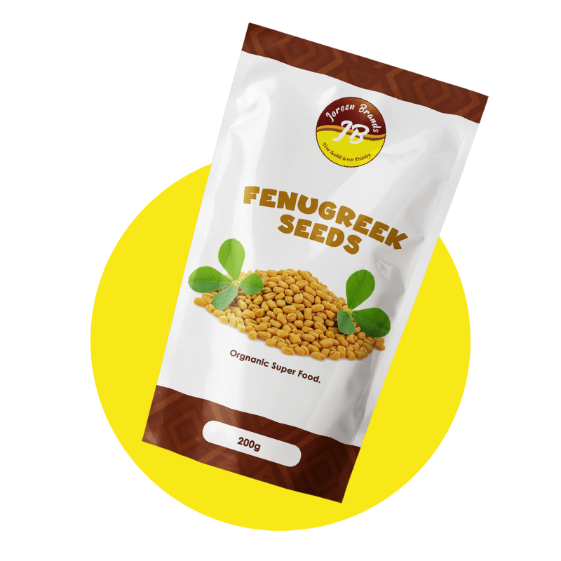 Whole fenugreek seeds by Joreen Brands — all-natural spice for cooking, sprouting, or hair growth, rich in nutrients and aroma.