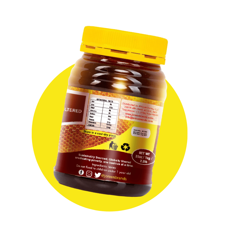 Jar of honey with a yellow label on a white background — showcasing Joreen Brands raw natural unfiltered honey, pure wild honey harvested sustainably from East Africa.