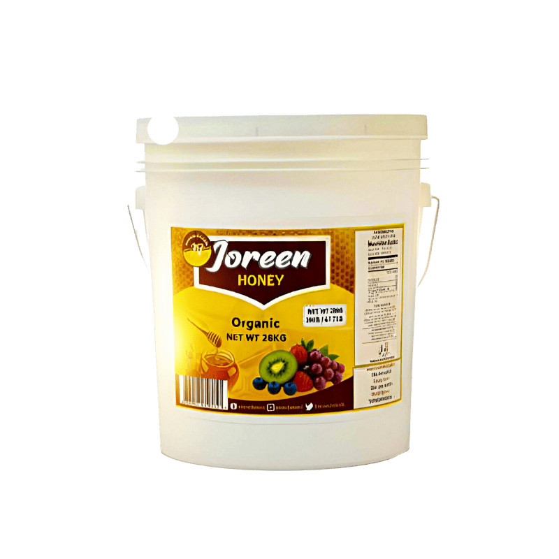 Joreen Honey 28KG organic bucket on a white background — bulk natural honey ideal for businesses and food production, showcasing purity and premium quality.