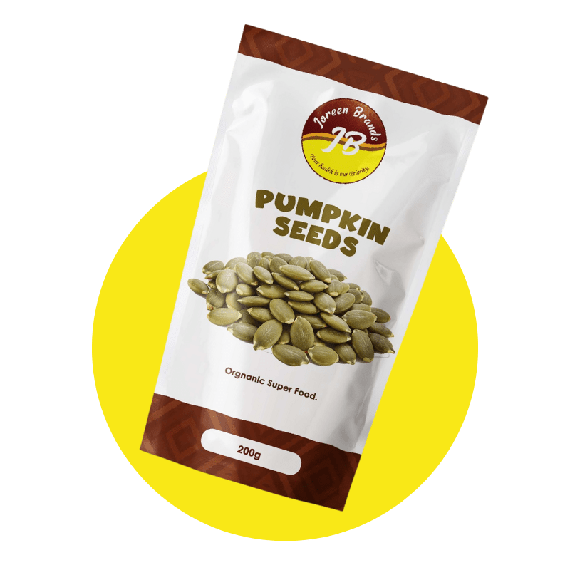 Premium unroasted pumpkin seeds by Joreen Brands — nutritious snack high in iron and fiber, perfect for smoothies, baking, or toppings.