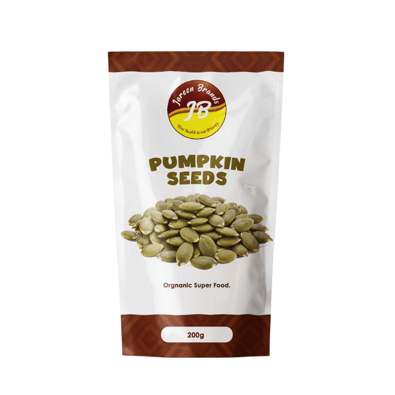Premium unroasted pumpkin seeds by Joreen Brands — nutritious snack high in iron and fiber, perfect for smoothies, baking, or toppings.