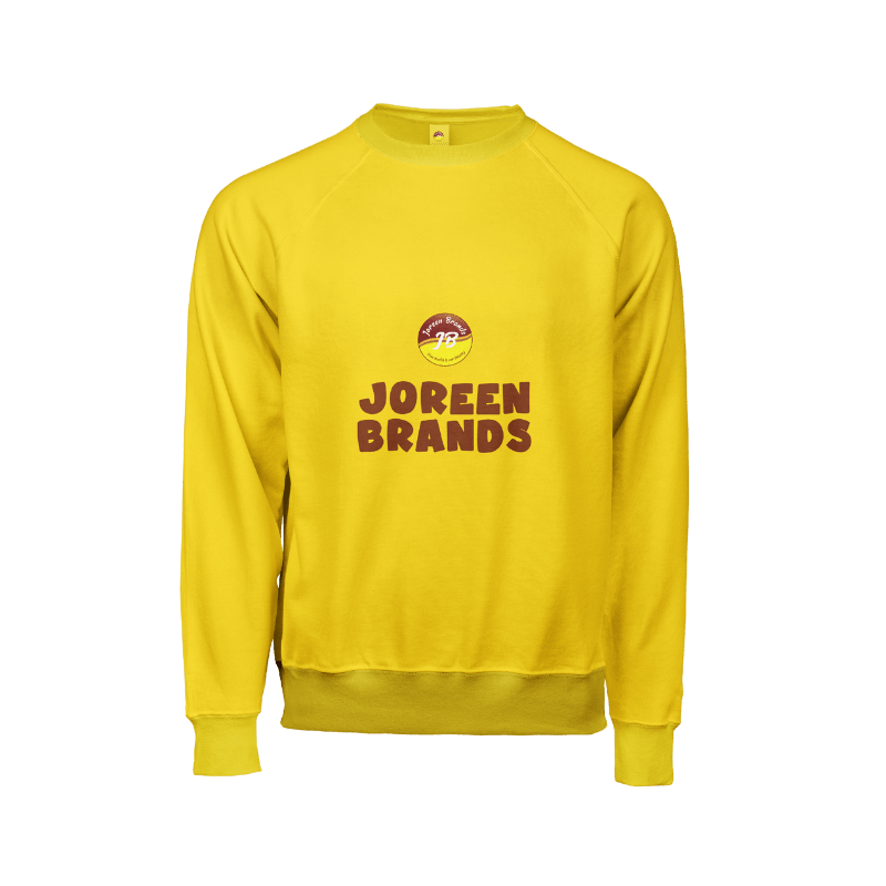 Yellow sweatshirt with JOREEN BRANDS text and logo on a white background — vibrant eco-friendly clothing inspired by African wild honey, sustainability, and organic superfoods.