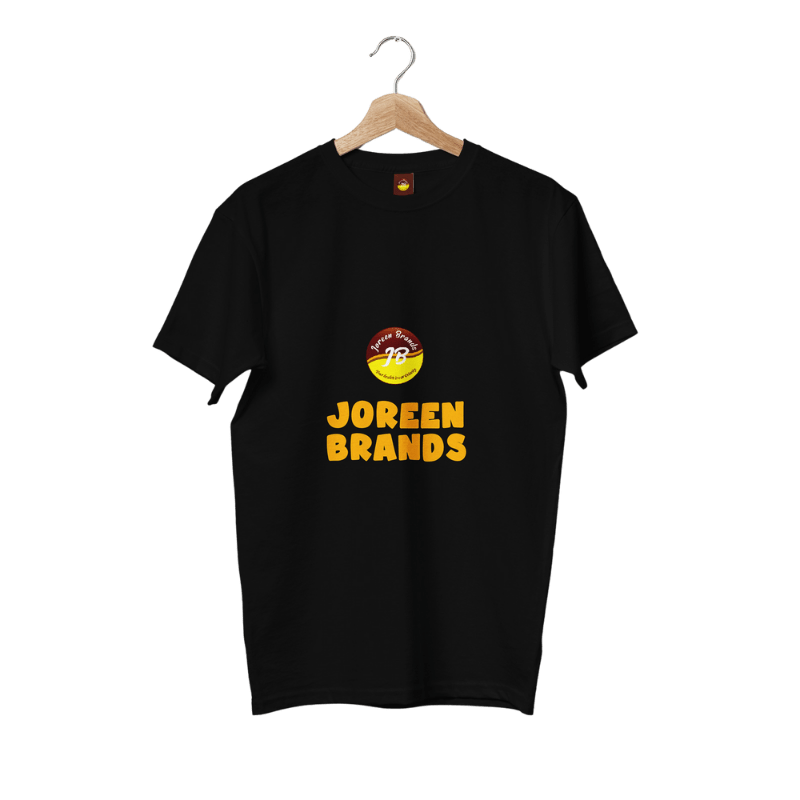 Black t-shirt with Joreen Brands logo on a hanger against a white background — eco-friendly branded apparel celebrating natural honey and African superfoods.